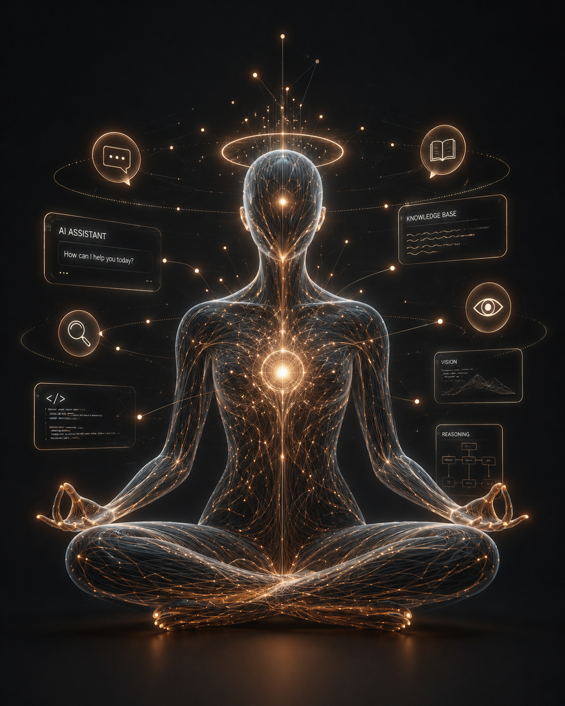 A luminous wireframe being meditating in lotus pose, formed of golden light and neural connections, surrounded by floating AI interface panels